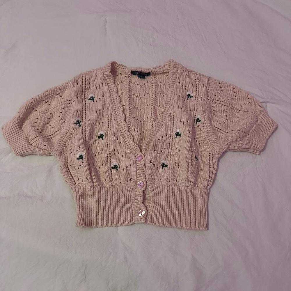 Pink and white cardigan slightly cropped